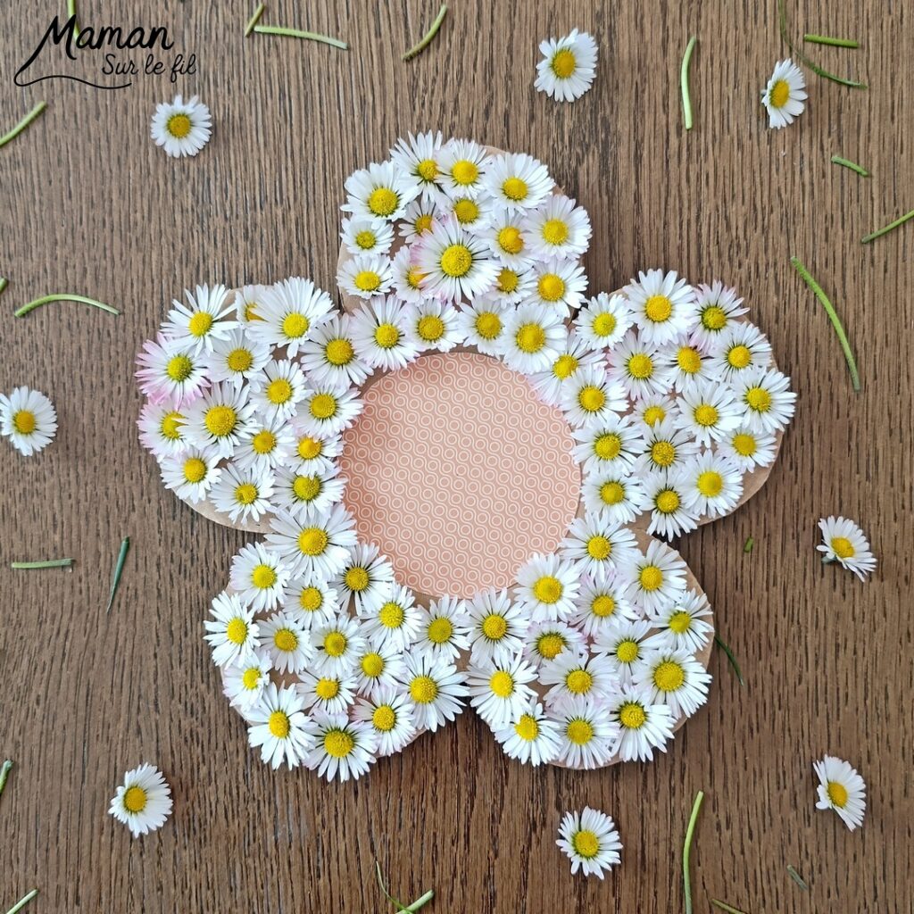 Fabriquer une fleur avec des pâquerettes et du carton : activité créative, récup', nature et manuelle enfants - Recyclage, surcyclage de carton - Coeur avec du papier à motifs - Trous dans le carton à remplir avec des fleurs pour décorer les pétales - Cueillette de pâquerettes - Utiliser les trésors du printemps - Land Art, atelier nature, école dehors - Décoration éphémère DIY Fait maison - Cadeau DIY, fait maison à offrir - Bricolage facile - Thème fleurs, nature, printemps - Bricolage et décoration sympa et facile - Arts visuels maternelle et élémentaire - Cycles 1 et 2 - Créativité - tutoriel photos et vidéo - mslf