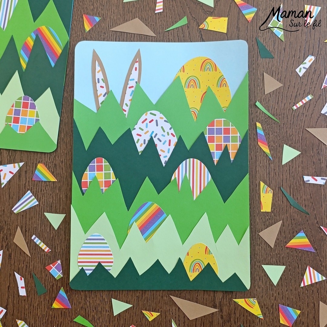 Lapin et oeufs de Pâques cachés dans l'herbe : activité créative, papier et manuelle enfants - Découpage et collage de papier - Chasse aux oeufs - Papier aux couleurs de l'arc-en-ciel - Décoration DIY Fait maison - Bricolage facile - Thème Pâques, gourmandises, chocolat, oeufs, chasse, cachettes, printemps, nature, jardin - Bricolage et décoration sympa et facile - Arts visuels maternelle et élémentaire - Cycles 1 et 2 - Créativité - tutoriel photos et vidéo - mslf