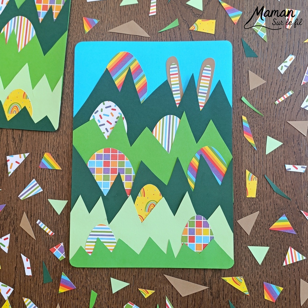 Lapin et oeufs de Pâques cachés dans l'herbe : activité créative, papier et manuelle enfants - Découpage et collage de papier - Chasse aux oeufs - Papier aux couleurs de l'arc-en-ciel - Décoration DIY Fait maison - Bricolage facile - Thème Pâques, gourmandises, chocolat, oeufs, chasse, cachettes, printemps, nature, jardin - Bricolage et décoration sympa et facile - Arts visuels maternelle et élémentaire - Cycles 1 et 2 - Créativité - tutoriel photos et vidéo - mslf