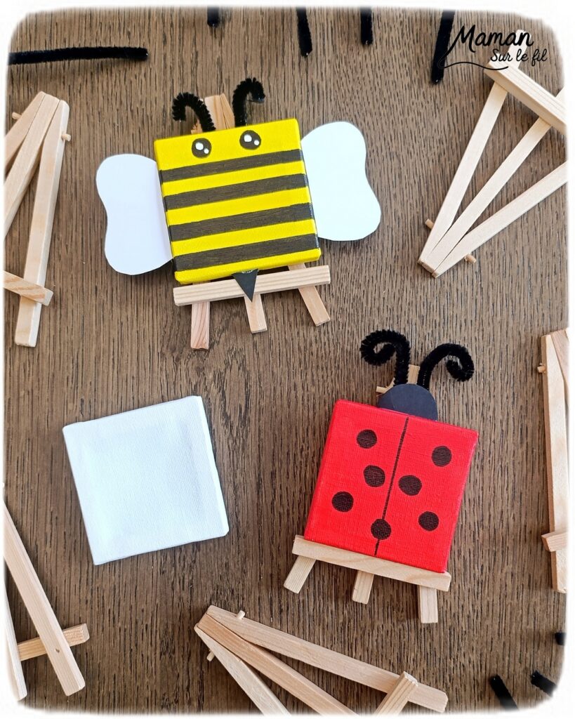 Créer une abeille et une coccinelle avec des mini tableaux : activité créative, peinture et manuelle enfants - Peinture des petites toiles, dessins des détails en noir (bandes et points) - Collage de papier pour ailes, dard et tête - Fils chenille pour les antennes - Bricolage sympa et facile - Thème insectes et autres petites bêtes, nature, printemps - Bricolage et décoration sympa et facile - Arts visuels maternelle et élémentaire - Cycles 1 et 2 - Créativité - tutoriel photos - mslf