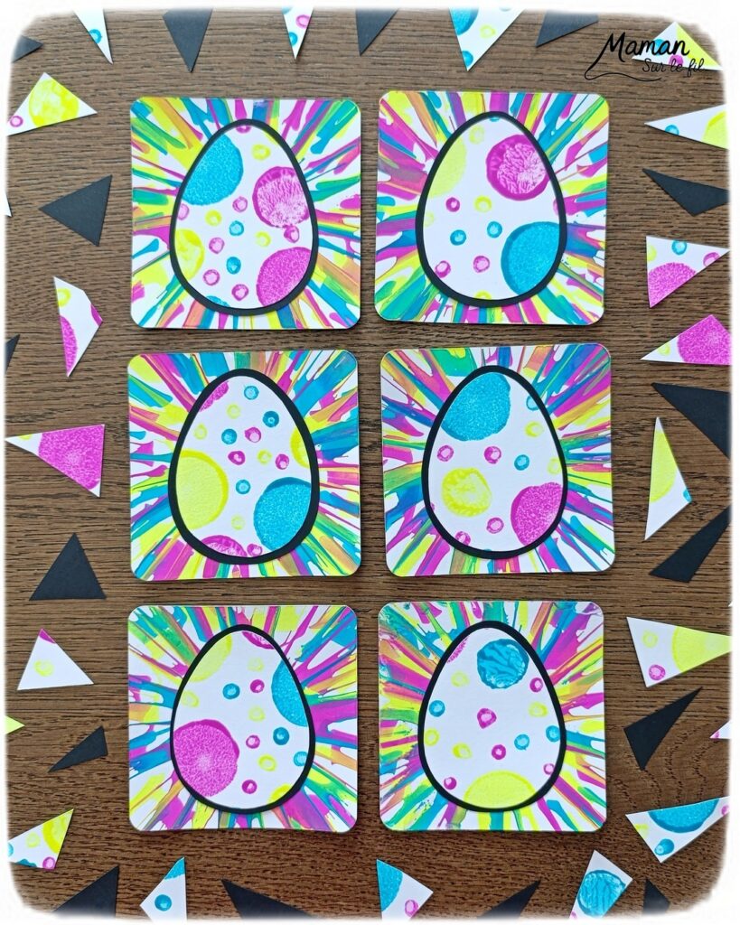 Peindre des oeufs de Pâques façon Pop Art à l'essoreuse à salade : activité créative, peinture et manuelle enfants - Techniques de peinture ludiques : essoreuse à salade pour le fond et tampons, cotons-tiges et bouchons pour l'oeuf - Marge noire pour le contraste - Découpage, collage - Couleurs vives pour contraste avec le noir - Décoration DIY Fait maison - Bricolage facile - Thème Pâques, gourmandises, chocolat, oeufs - Bricolage et décoration sympa et facile - Arts visuels maternelle et élémentaire - Cycles 1 et 2 - Créativité - tutoriel photos - mslf