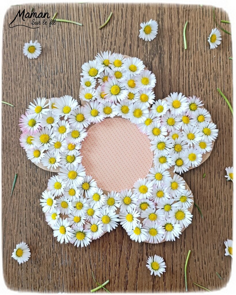 Fabriquer une fleur avec des pâquerettes et du carton : activité créative, récup', nature et manuelle enfants - Recyclage, surcyclage de carton - Coeur avec du papier à motifs - Trous dans le carton à remplir avec des fleurs pour décorer les pétales - Cueillette de pâquerettes - Utiliser les trésors du printemps - Land Art, atelier nature, école dehors - Décoration éphémère DIY Fait maison - Cadeau DIY, fait maison à offrir - Bricolage facile - Thème fleurs, nature, printemps - Bricolage et décoration sympa et facile - Arts visuels maternelle et élémentaire - Cycles 1 et 2 - Créativité - tutoriel photos et vidéo - mslf