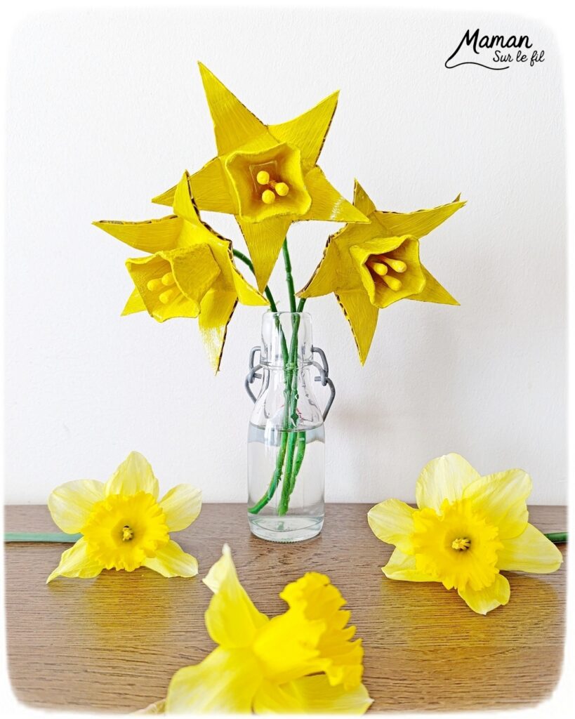 Fabriquer des jonquilles en récup' de carton et de boite à oeufs : activité créative, peinture et manuelle enfants - Recyclage, surcyclage de carton et de boites à oeufs - Découpage, peinture, collage - Cotons-tiges pour les pistils - Décoration DIY Fait maison - Cadeau DIY, fait maison à offrir - Bricolage facile - Thème fleurs, nature, printemps, fête des mères, grands-mères, saint-valentin, amour, amitié - Bricolage et décoration sympa et facile - Arts visuels maternelle et élémentaire - Cycles 1 et 2 - Créativité - tutoriel photos - mslf