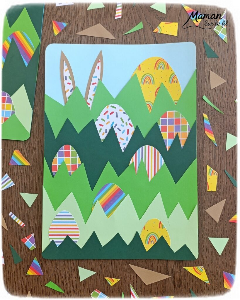 Lapin et oeufs de Pâques cachés dans l'herbe : activité créative, papier et manuelle enfants - Découpage et collage de papier - Chasse aux oeufs - Papier aux couleurs de l'arc-en-ciel - Décoration DIY Fait maison - Bricolage facile - Thème Pâques, gourmandises, chocolat, oeufs, chasse, cachettes, printemps, nature, jardin - Bricolage et décoration sympa et facile - Arts visuels maternelle et élémentaire - Cycles 1 et 2 - Créativité - tutoriel photos et vidéo - mslf
