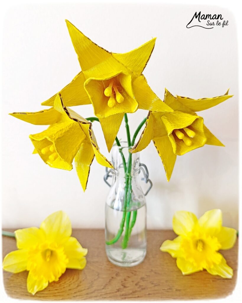 Fabriquer des jonquilles en récup' de carton et de boite à oeufs : activité créative, peinture et manuelle enfants - Recyclage, surcyclage de carton et de boites à oeufs - Découpage, peinture, collage - Cotons-tiges pour les pistils - Décoration DIY Fait maison - Cadeau DIY, fait maison à offrir - Bricolage facile - Thème fleurs, nature, printemps, fête des mères, grands-mères, saint-valentin, amour, amitié - Bricolage et décoration sympa et facile - Arts visuels maternelle et élémentaire - Cycles 1 et 2 - Créativité - tutoriel photos - mslf