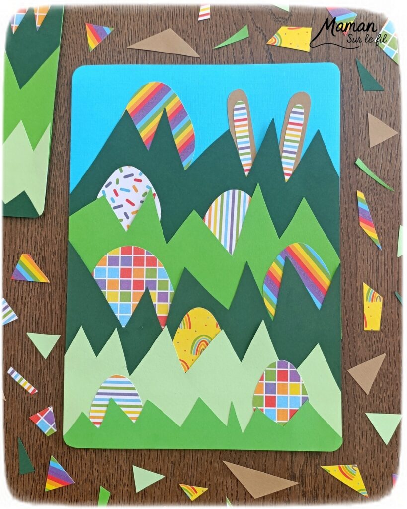Lapin et oeufs de Pâques cachés dans l'herbe : activité créative, papier et manuelle enfants - Découpage et collage de papier - Chasse aux oeufs - Papier aux couleurs de l'arc-en-ciel - Décoration DIY Fait maison - Bricolage facile - Thème Pâques, gourmandises, chocolat, oeufs, chasse, cachettes, printemps, nature, jardin - Bricolage et décoration sympa et facile - Arts visuels maternelle et élémentaire - Cycles 1 et 2 - Créativité - tutoriel photos et vidéo - mslf