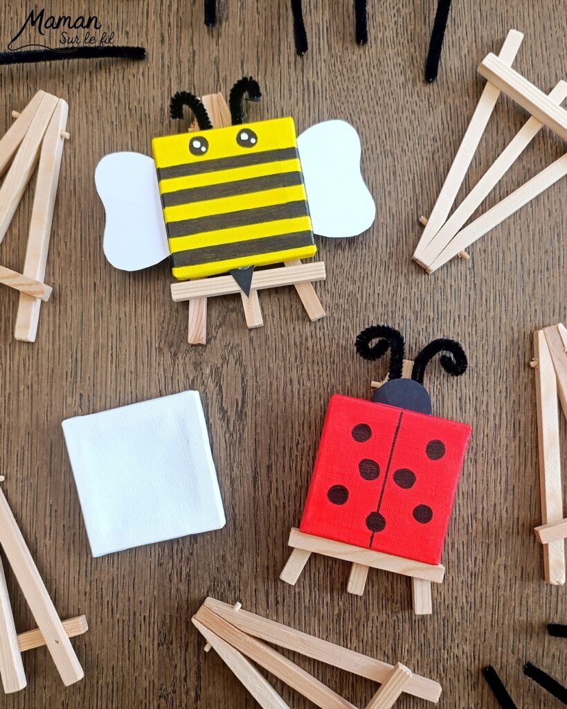 Créer une abeille et une coccinelle avec des mini tableaux : activité créative, peinture et manuelle enfants - Peinture des petites toiles, dessins des détails en noir (bandes et points) - Collage de papier pour ailes, dard et tête - Fils chenille pour les antennes - Bricolage sympa et facile - Thème insectes et autres petites bêtes, nature, printemps - Bricolage et décoration sympa et facile - Arts visuels maternelle et élémentaire - Cycles 1 et 2 - Créativité - tutoriel photos - mslf