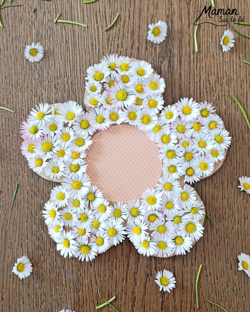 Fabriquer une fleur avec des pâquerettes et du carton : activité créative, récup', nature et manuelle enfants - Recyclage, surcyclage de carton - Coeur avec du papier à motifs - Trous dans le carton à remplir avec des fleurs pour décorer les pétales - Cueillette de pâquerettes - Utiliser les trésors du printemps - Land Art, atelier nature, école dehors - Décoration éphémère DIY Fait maison - Cadeau DIY, fait maison à offrir - Bricolage facile - Thème fleurs, nature, printemps - Bricolage et décoration sympa et facile - Arts visuels maternelle et élémentaire - Cycles 1 et 2 - Créativité - tutoriel photos et vidéo - mslf