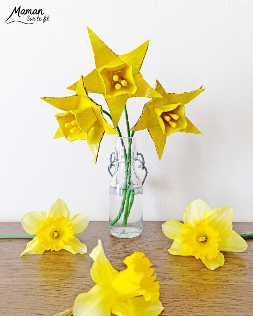 Fabriquer des jonquilles en récup' de carton et de boite à oeufs : activité créative, peinture et manuelle enfants - Recyclage, surcyclage de carton et de boites à oeufs - Découpage, peinture, collage - Cotons-tiges pour les pistils - Décoration DIY Fait maison - Cadeau DIY, fait maison à offrir - Bricolage facile - Thème fleurs, nature, printemps, fête des mères, grands-mères, saint-valentin, amour, amitié - Bricolage et décoration sympa et facile - Arts visuels maternelle et élémentaire - Cycles 1 et 2 - Créativité - tutoriel photos - mslf