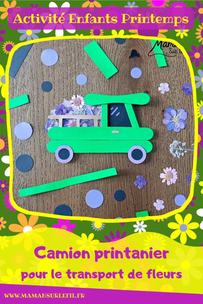 Fabriquer un camion printanier pour le transport des fleurs : activité créative, récup', nature, peinture et manuelle enfants - Recyclage, surcyclage de bâtonnets de glace en bois - Peindre en vert pour rappeler l'herbe du printemps - Carton pour la barrière - Papier pour les roues et la fenêtre - Fleurs séchées collées sur une pochette plastique - Utiliser les trésors du printemps - Land Art, atelier nature, école dehors - Décoration DIY Fait maison - Cadeau DIY, fait maison à offrir - Bricolage facile et rapide - Thème fleurs, nature, printemps, véhicules terrestres - Bricolage et décoration sympa et facile - Arts visuels maternelle et élémentaire - Cycles 1 et 2 - Créativité - tutoriel photos - mslf