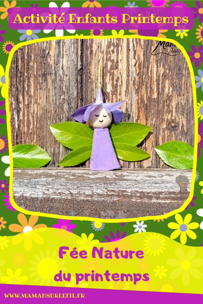 Créer une fée Nature du printemps : activité créative, récup', peinture, nature et manuelle enfants - Recyclage, surcyclage de boites à oeufs - Découper et peindre un pic en carton - Ailes avec des feuilles vertes - Tête avec perle en bois - Cheveux et chapeau avec fleur violette - Utiliser les trésors du printemps - Land Art, atelier nature, école dehors - Décoration éphémère DIY Fait maison - Cadeau DIY, fait maison à offrir - Bricolage facile et rapide - Thème fleurs, nature, printemps, personnages imaginaires et féériques - Bricolage et décoration sympa et facile - Arts visuels maternelle et élémentaire - Cycles 1 et 2 - Créativité - tutoriel photos - mslf