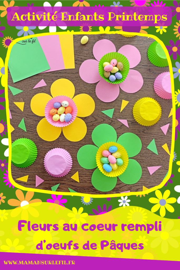 Fabriquer des fleurs printanières remplies d'oeufs de Pâques : activité créative et manuelle enfants - Activité de transition entre le printemps et Pâques - Fleurs aux couleurs de printemps avec papier et caissettes à cupcake - - Coeur comme un panier rempli de petits oeufs de Pâques en sucre ou en polystyrène - Décoration DIY Fait maison - Cadeau DIY, fait maison à offrir - Bricolage facile - Thème fleurs, nature, printemps, Pâques, gourmandises, chocolat, bonbons - Bricolage et décoration sympa et facile - Arts visuels maternelle et élémentaire - Cycles 1 et 2 - Créativité - tutoriel photos - mslf