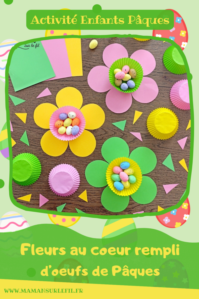 Fabriquer des fleurs printanières remplies d'oeufs de Pâques : activité créative et manuelle enfants - Activité de transition entre le printemps et Pâques - Fleurs aux couleurs de printemps avec papier et caissettes à cupcake - - Coeur comme un panier rempli de petits oeufs de Pâques en sucre ou en polystyrène - Décoration DIY Fait maison - Cadeau DIY, fait maison à offrir - Bricolage facile - Thème fleurs, nature, printemps, Pâques, gourmandises, chocolat, bonbons - Bricolage et décoration sympa et facile - Arts visuels maternelle et élémentaire - Cycles 1 et 2 - Créativité - tutoriel photos - mslf