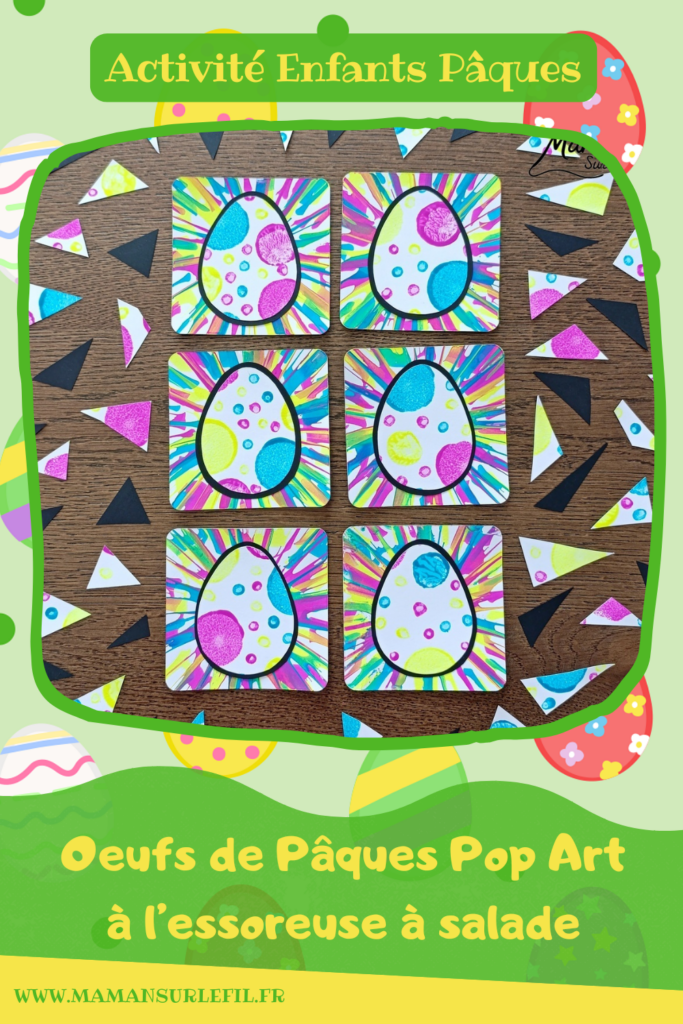 Peindre des oeufs de Pâques façon Pop Art à l'essoreuse à salade : activité créative, peinture et manuelle enfants - Techniques de peinture ludiques : essoreuse à salade pour le fond et tampons, cotons-tiges et bouchons pour l'oeuf - Marge noire pour le contraste - Découpage, collage - Couleurs vives pour contraste avec le noir - Décoration DIY Fait maison - Bricolage facile - Thème Pâques, gourmandises, chocolat, oeufs - Bricolage et décoration sympa et facile - Arts visuels maternelle et élémentaire - Cycles 1 et 2 - Créativité - tutoriel photos - mslf