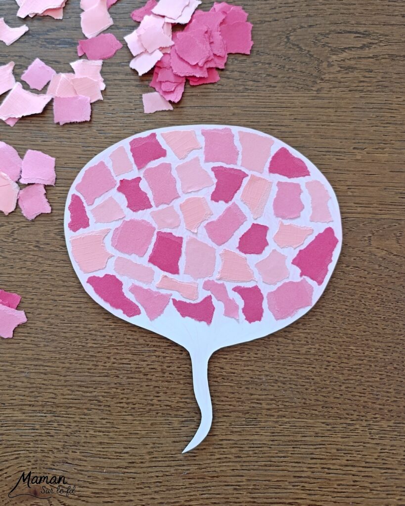 Créer un radis en mosaïque de papier déchiré : activité créative, coloriage et manuelle enfants - Déchirage, découpage et collage de papier - Coloriage au crayon de couleurs pour le fond du rais et pour les feuilles - Papier bleu et marron pour donner l'impression qu'il est planté dans la terre - Décoration DIY Fait maison - Bricolage facile et rapide - Thème fruits et légumes, potager, jardinage, nature, printemps - Bricolage et décoration sympa et facile - Arts visuels maternelle et élémentaire - Cycles 1 et 2 - Créativité - tutoriel photos - mslf