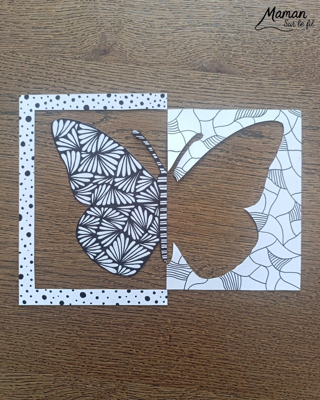 Créer un papillon graphique en miroir : activité créative, dessin et manuelle enfants - Travail autour de la symétrie - Découpage et collage de papier - Dessins et graphismes noirs pour le décor - Façon art thérapie, zen art - Relaxation, détente - Contraste entre couleurs et noir et blanc - Bricolage sympa et facile - Thème insectes et autres petites bêtes, nature, printemps - Bricolage et décoration sympa et facile - Arts visuels maternelle et élémentaire - Cycles 1 et 2, 3 et 4 - Adultes - Créativité - tutoriel photos - mslf