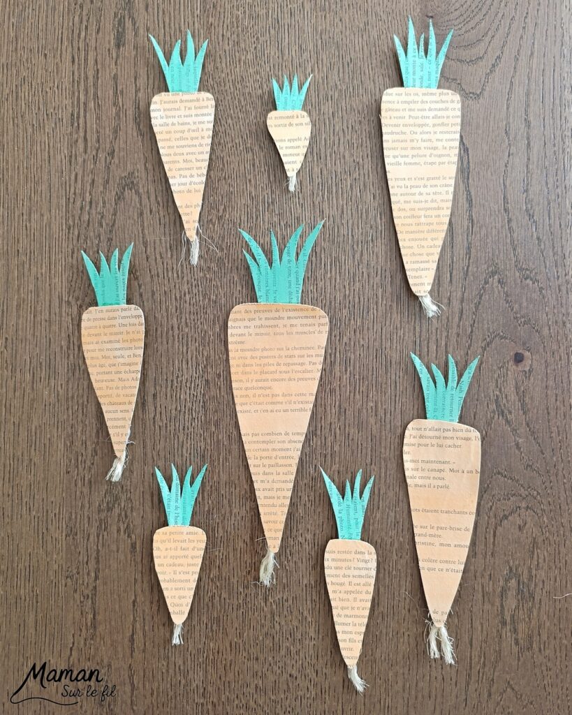 Fabriquer des carottes avec les pages d'un vieux livre : activité créative, peinture, récup' et manuelle enfants - Recyclage, surcyclage d'un livre abîmé - Peinture orange et verte - Récup' de carton pour consolider - Découpage, collage - Cordelettes pour le bas de la carotte - Décoration DIY Fait maison - Bricolage facile et rapide - Thème fruits et légumes, potager, jardinage, nature, printemps - Bricolage et décoration sympa et facile - Arts visuels maternelle et élémentaire - Cycles 1 et 2 - Créativité - tutoriel photos - mslf