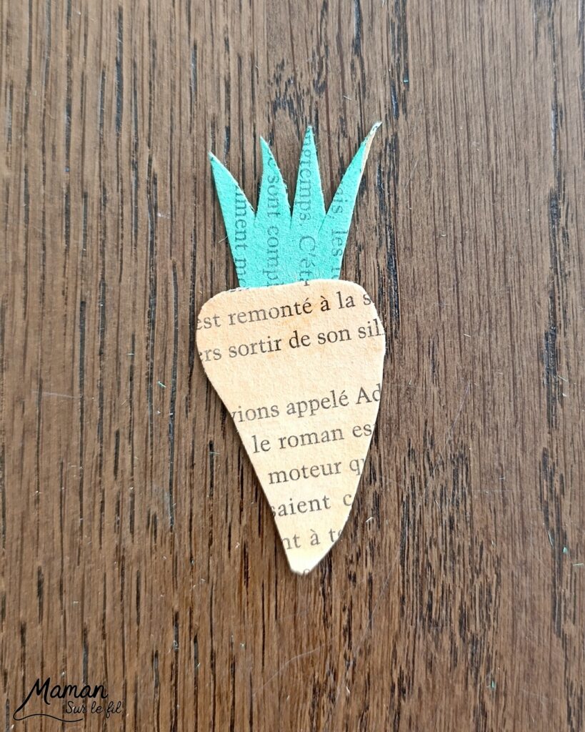 Fabriquer des carottes avec les pages d'un vieux livre : activité créative, peinture, récup' et manuelle enfants - Recyclage, surcyclage d'un livre abîmé - Peinture orange et verte - Récup' de carton pour consolider - Découpage, collage - Cordelettes pour le bas de la carotte - Décoration DIY Fait maison - Bricolage facile et rapide - Thème fruits et légumes, potager, jardinage, nature, printemps - Bricolage et décoration sympa et facile - Arts visuels maternelle et élémentaire - Cycles 1 et 2 - Créativité - tutoriel photos - mslf