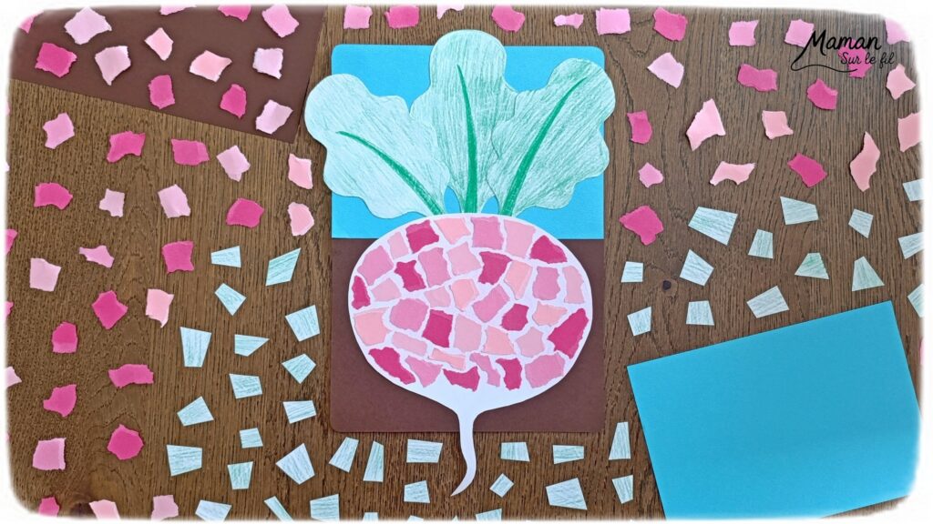 Créer un radis en mosaïque de papier déchiré : activité créative, coloriage et manuelle enfants - Déchirage, découpage et collage de papier - Coloriage au crayon de couleurs pour le fond du rais et pour les feuilles - Papier bleu et marron pour donner l'impression qu'il est planté dans la terre - Décoration DIY Fait maison - Bricolage facile et rapide - Thème fruits et légumes, potager, jardinage, nature, printemps - Bricolage et décoration sympa et facile - Arts visuels maternelle et élémentaire - Cycles 1 et 2 - Créativité - tutoriel photos - mslf
