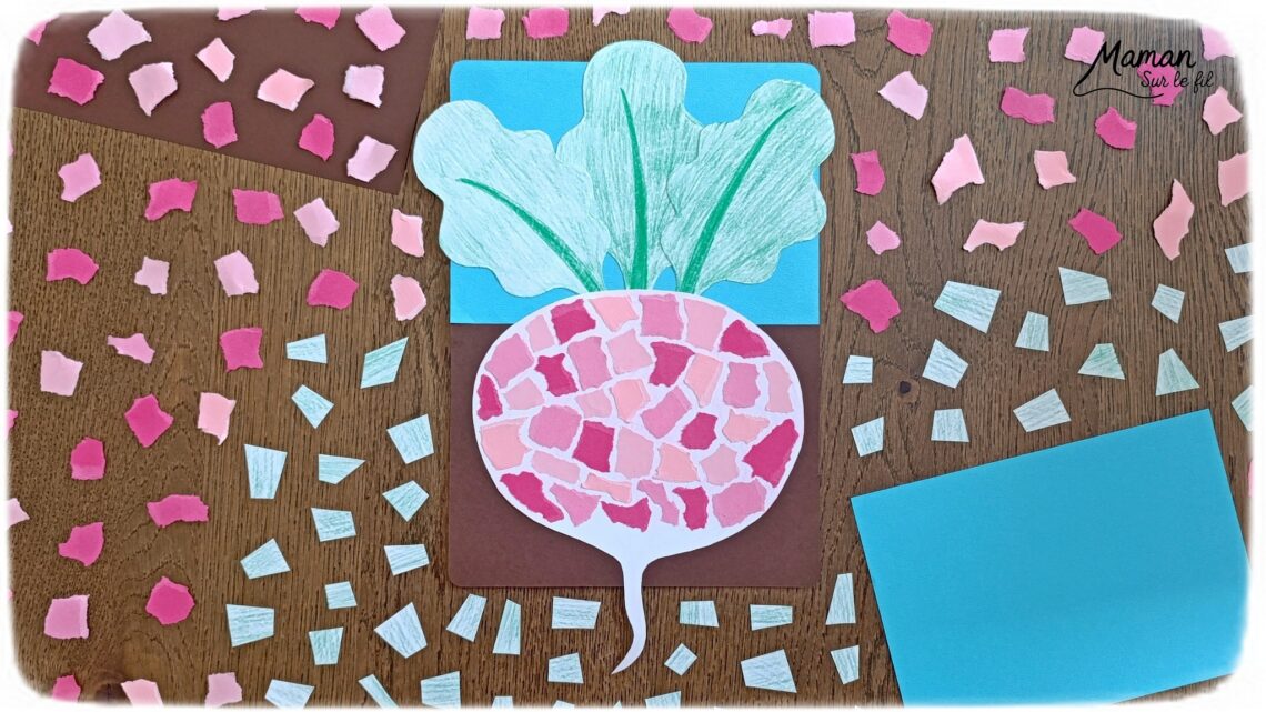 Créer un radis en mosaïque de papier déchiré : activité créative, coloriage et manuelle enfants - Déchirage, découpage et collage de papier - Coloriage au crayon de couleurs pour le fond du rais et pour les feuilles - Papier bleu et marron pour donner l'impression qu'il est planté dans la terre - Décoration DIY Fait maison - Bricolage facile et rapide - Thème fruits et légumes, potager, jardinage, nature, printemps - Bricolage et décoration sympa et facile - Arts visuels maternelle et élémentaire - Cycles 1 et 2 - Créativité - tutoriel photos - mslf