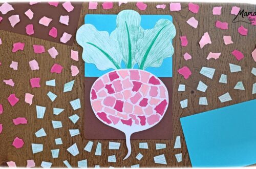 Créer un radis en mosaïque de papier déchiré : activité créative, coloriage et manuelle enfants - Déchirage, découpage et collage de papier - Coloriage au crayon de couleurs pour le fond du rais et pour les feuilles - Papier bleu et marron pour donner l'impression qu'il est planté dans la terre - Décoration DIY Fait maison - Bricolage facile et rapide - Thème fruits et légumes, potager, jardinage, nature, printemps - Bricolage et décoration sympa et facile - Arts visuels maternelle et élémentaire - Cycles 1 et 2 - Créativité - tutoriel photos - mslf