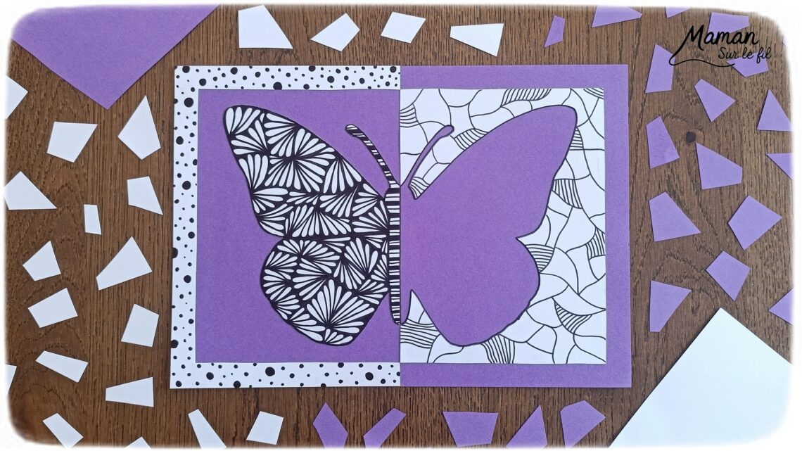 Créer un papillon graphique en miroir : activité créative, dessin et manuelle enfants - Travail autour de la symétrie - Découpage et collage de papier - Dessins et graphismes noirs pour le décor - Façon art thérapie, zen art - Relaxation, détente - Contraste entre couleurs et noir et blanc - Bricolage sympa et facile - Thème insectes et autres petites bêtes, nature, printemps - Bricolage et décoration sympa et facile - Arts visuels maternelle et élémentaire - Cycles 1 et 2, 3 et 4 - Adultes - Créativité - tutoriel photos - mslf