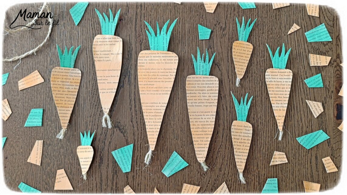 Fabriquer des carottes avec les pages d'un vieux livre : activité créative, peinture, récup' et manuelle enfants - Recyclage, surcyclage d'un livre abîmé - Peinture orange et verte - Récup' de carton pour consolider - Découpage, collage - Cordelettes pour le bas de la carotte - Décoration DIY Fait maison - Bricolage facile et rapide - Thème fruits et légumes, potager, jardinage, nature, printemps - Bricolage et décoration sympa et facile - Arts visuels maternelle et élémentaire - Cycles 1 et 2 - Créativité - tutoriel photos - mslf
