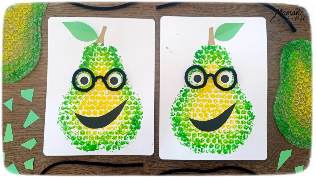Peindre une poire rigolote avec du papier à bulles : activité créative, peinture et manuelle enfants - Technique de peinture ludique et dégradé de couleurs - Visage rigolo avec découpage et collage de papier - Lunettes en fil chenille - Bricolage - Fruits du printemps - Décoration DIY Fait maison - Bricolage facile et rapide - Thème fruits et légumes, potager, jardinage, nature, printemps, automne, hiver - Bricolage et décoration sympa et facile - Arts visuels maternelle et élémentaire - Cycles 1 et 2 - Créativité - tutoriel photos et vidéo - mslf