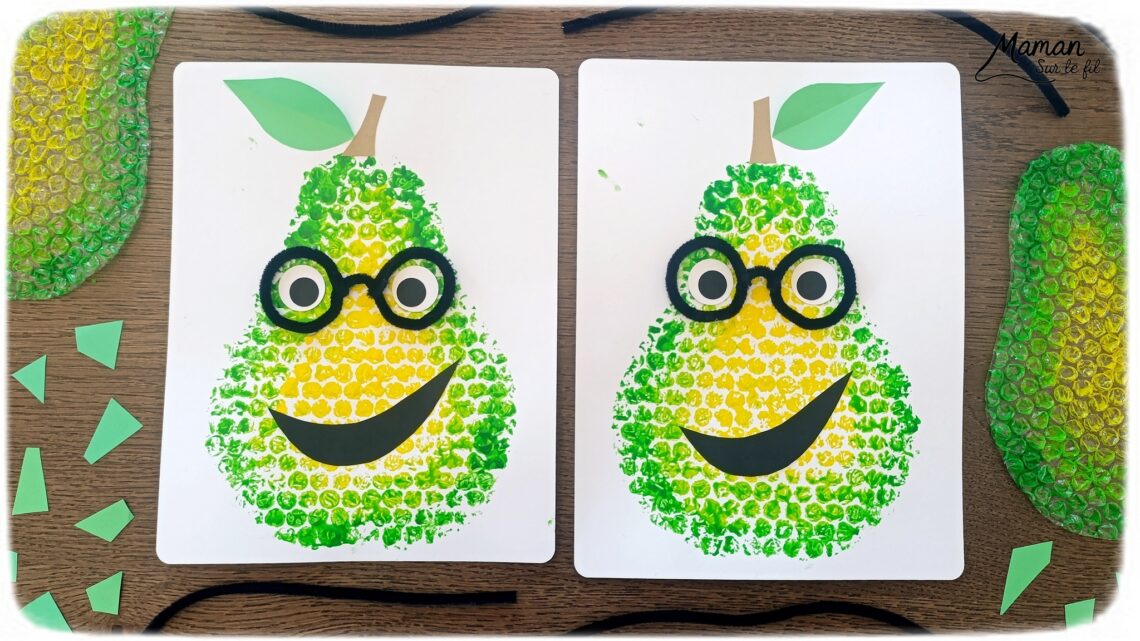 Peindre une poire rigolote avec du papier à bulles : activité créative, peinture et manuelle enfants - Technique de peinture ludique et dégradé de couleurs - Visage rigolo avec découpage et collage de papier - Lunettes en fil chenille - Bricolage - Fruits du printemps - Décoration DIY Fait maison - Bricolage facile et rapide - Thème fruits et légumes, potager, jardinage, nature, printemps, automne, hiver - Bricolage et décoration sympa et facile - Arts visuels maternelle et élémentaire - Cycles 1 et 2 - Créativité - tutoriel photos et vidéo - mslf