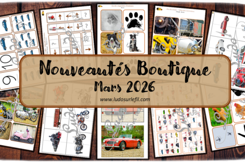 Nouveautés mars 2026 - Boutique en ligne Ludo sur le fil - fichiers jeux pdf à télécharger et imprimer ou jeux imprimés envoyés à domicile - Thèmes Véhicules et moyens de transport terrestres, animaux - jeu des empreintes d'animaux, parcours codés, reproduis la grille, puzzles, mise en paire, puzzles trac, cartes Chiffres, jeu du zoom, cartes type Montessori, mathématiques, calcul, observation, langage oral, vocabulaire - Photos sur fond blanc - Association, mise en paire, mathématiques - jeux, activités - PDF à télécharger et imprimer - PDF Gratuit, Printable à télécharger gratuitement - atelier autocorrectif multi niveaux donc progressif - Vocabulaire, lexique - Maternelle Cycle 2 - Autonomie - modes de déplacement, transports, véhicules terrestres, animaux - mslf