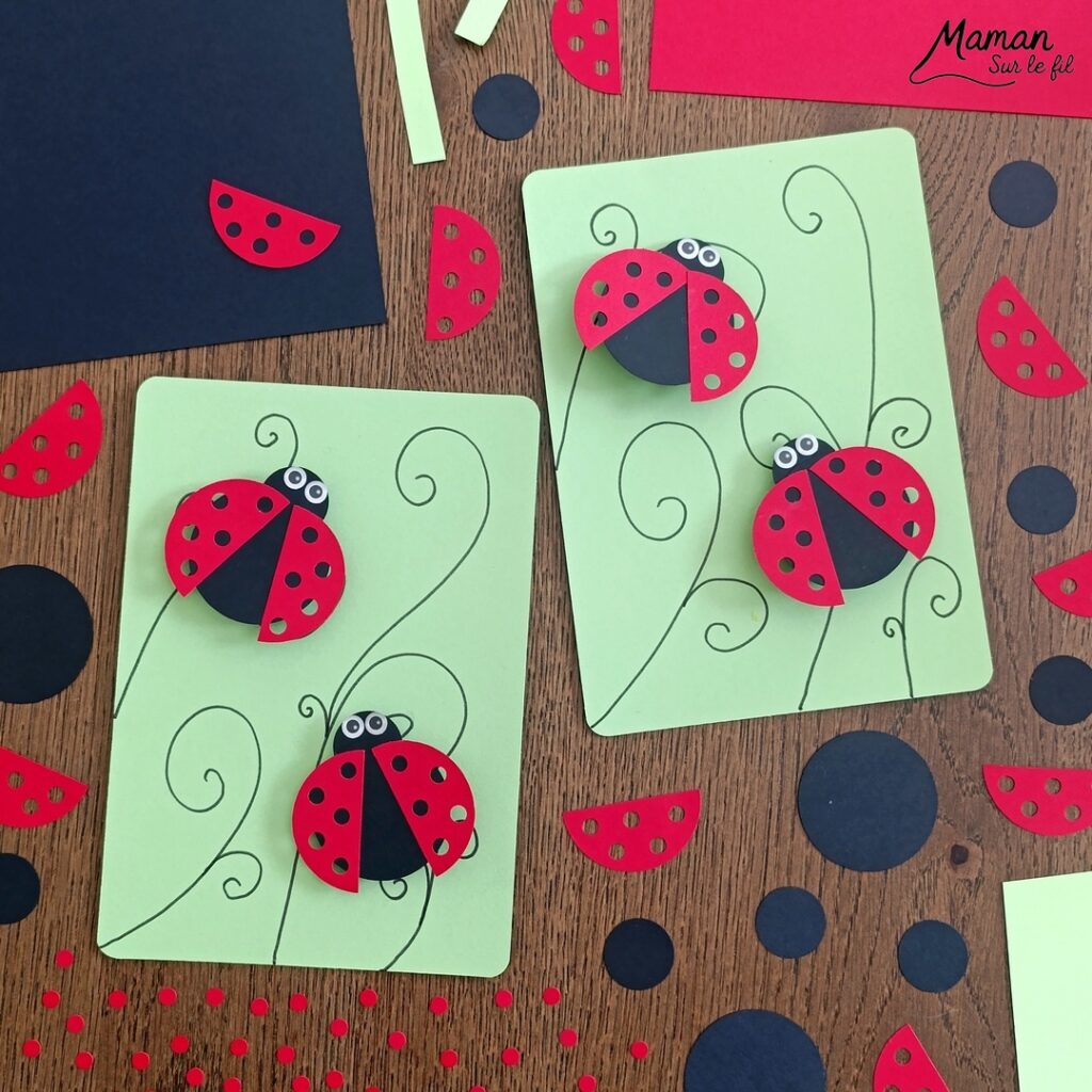 Fabriquer des cartes Coccinelles en 3D avec des trous : activité créative, papier et manuelle enfants - Perforatrices Cercles pour les coccinelles et perforatrice 1 trou pour les trous des ailes (points) - Découpage, collage, symétrie - Pliage de bandes de papier en accordéon pour l'effet en relief, volume, 3D et le mouvement - Impression que les coccinelles s'envolent - Dessins noirs - Bricolage sympa et facile - Thème insectes et autres petites bêtes, nature, printemps - Bricolage et décoration sympa et facile - Arts visuels maternelle et élémentaire - Cycles 1 et 2 - Créativité - tutoriel photos et vidéo - mslf