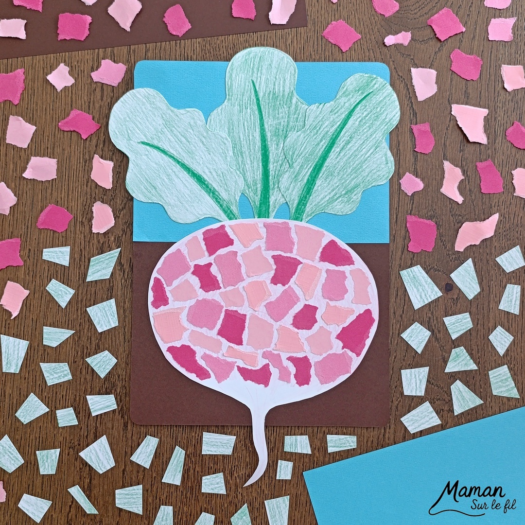 Créer un radis en mosaïque de papier déchiré : activité créative, coloriage et manuelle enfants - Déchirage, découpage et collage de papier - Coloriage au crayon de couleurs pour le fond du rais et pour les feuilles - Papier bleu et marron pour donner l'impression qu'il est planté dans la terre - Décoration DIY Fait maison - Bricolage facile et rapide - Thème fruits et légumes, potager, jardinage, nature, printemps - Bricolage et décoration sympa et facile - Arts visuels maternelle et élémentaire - Cycles 1 et 2 - Créativité - tutoriel photos - mslf