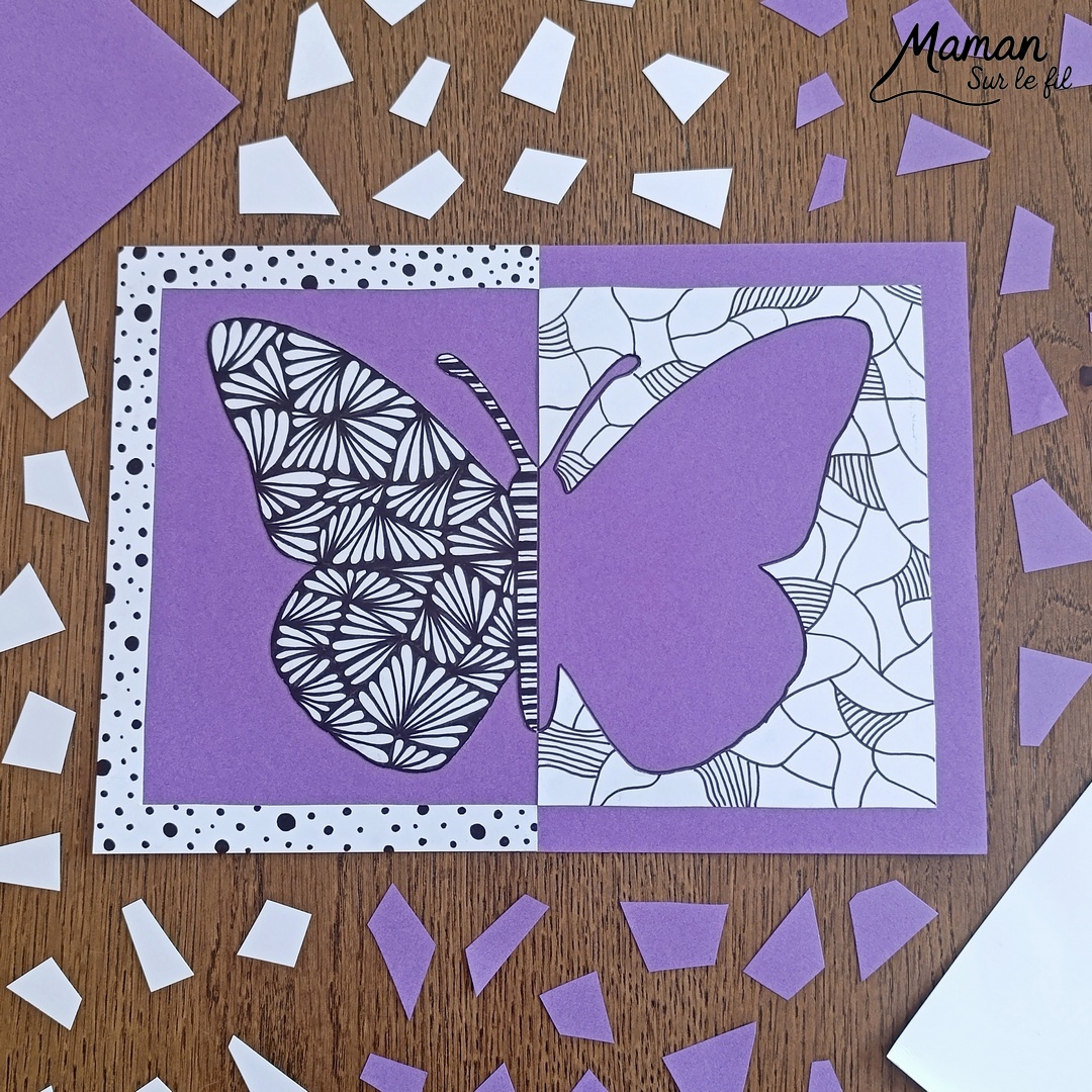 Créer un papillon graphique en miroir : activité créative, dessin et manuelle enfants - Travail autour de la symétrie - Découpage et collage de papier - Dessins et graphismes noirs pour le décor - Façon art thérapie, zen art - Relaxation, détente - Contraste entre couleurs et noir et blanc - Bricolage sympa et facile - Thème insectes et autres petites bêtes, nature, printemps - Bricolage et décoration sympa et facile - Arts visuels maternelle et élémentaire - Cycles 1 et 2, 3 et 4 - Adultes - Créativité - tutoriel photos - mslf