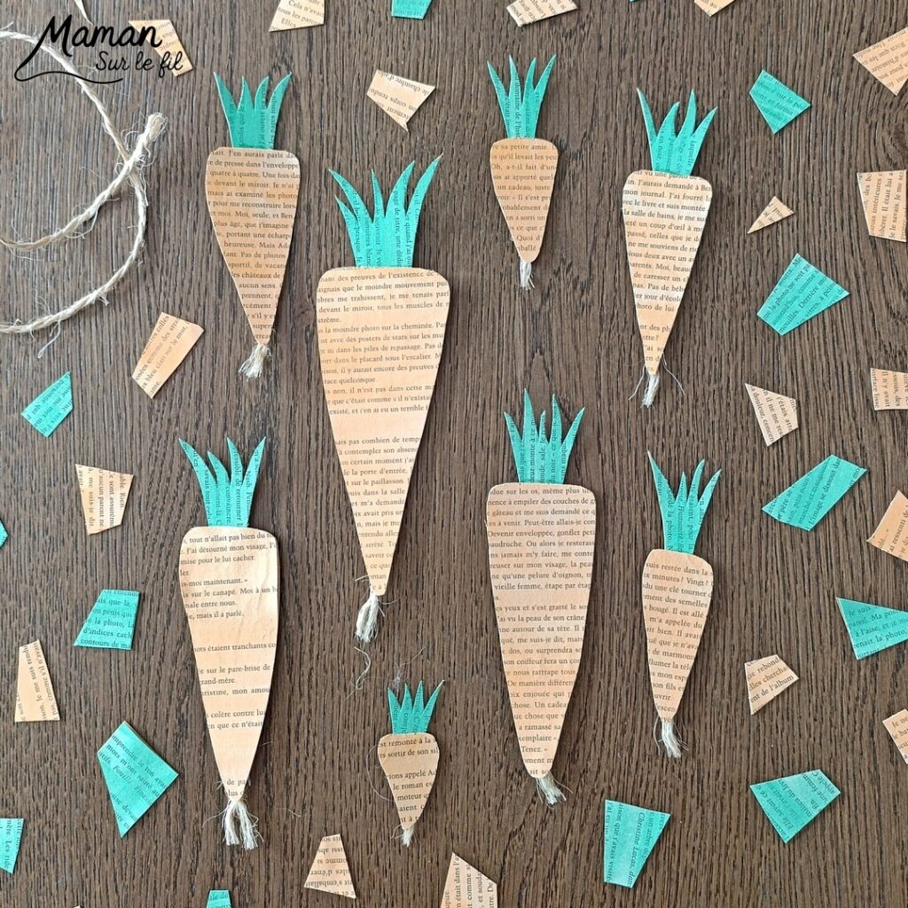 Fabriquer des carottes avec les pages d'un vieux livre : activité créative, peinture, récup' et manuelle enfants - Recyclage, surcyclage d'un livre abîmé - Peinture orange et verte - Récup' de carton pour consolider - Découpage, collage - Cordelettes pour le bas de la carotte - Décoration DIY Fait maison - Bricolage facile et rapide - Thème fruits et légumes, potager, jardinage, nature, printemps - Bricolage et décoration sympa et facile - Arts visuels maternelle et élémentaire - Cycles 1 et 2 - Créativité - tutoriel photos - mslf