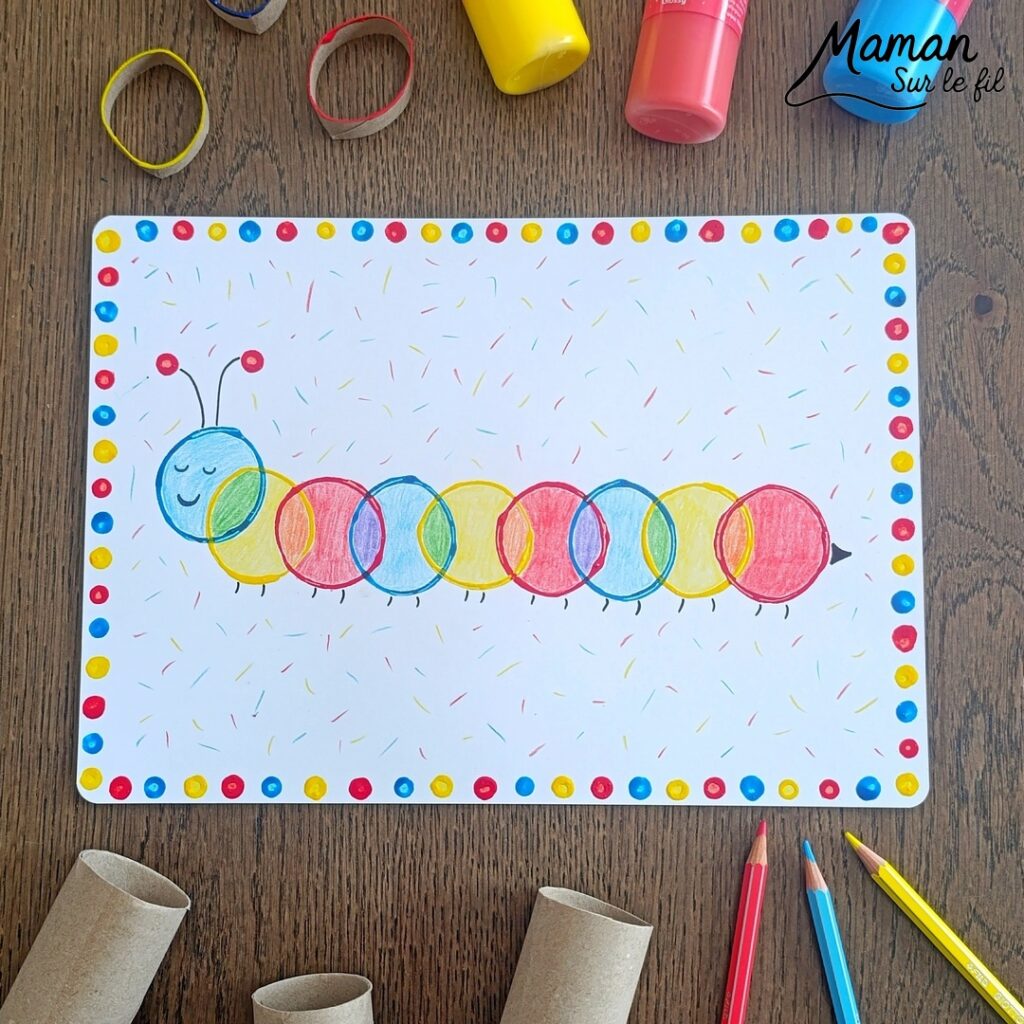 Peindre une petite chenille autour du mélange de couleurs : activité créative, peinture et manuelle enfants - Travail autour des couleurs primaires et secondaires et du mélange de couleurs primaires - Technique de peinture aux cotons-tiges et aux rouleaux de PQ en carton (papier toilette) - Ronds et cercles - Coloriage aux crayons de couleur - Bricolage sympa et facile - Thème insectes et autres petites bêtes, nature, printemps - Bricolage et décoration sympa et facile - Arts visuels maternelle et élémentaire - Cycles 1 et 2 - Créativité - tutoriel photos - mslf