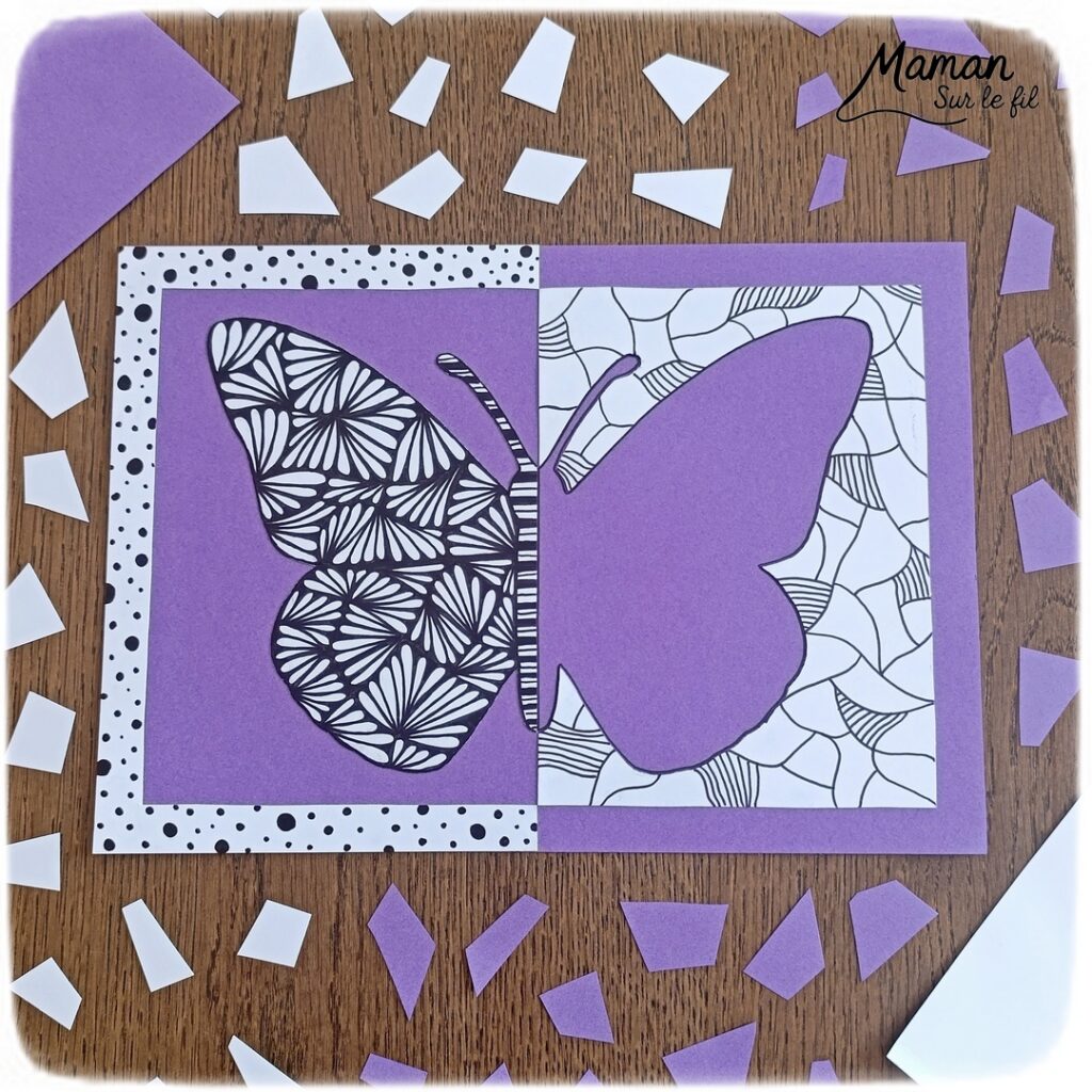 Créer un papillon graphique en miroir : activité créative, dessin et manuelle enfants - Travail autour de la symétrie - Découpage et collage de papier - Dessins et graphismes noirs pour le décor - Façon art thérapie, zen art - Relaxation, détente - Contraste entre couleurs et noir et blanc - Bricolage sympa et facile - Thème insectes et autres petites bêtes, nature, printemps - Bricolage et décoration sympa et facile - Arts visuels maternelle et élémentaire - Cycles 1 et 2, 3 et 4 - Adultes - Créativité - tutoriel photos - mslf