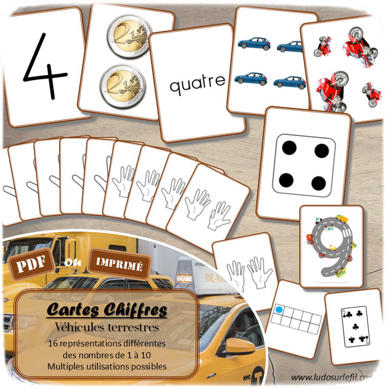Cartes Chiffres - Thème Véhicules et moyens de transport terrestres - Jeu d'association différentes représentations des nombres de 1 à 10 - 16 représentations différentes pour travailler différentes compétences - Chiffres, écrit en lettres (cursif, script et majuscule), quantité objets, constellations dé, doigts main, cartes à jouer, jetons dans boite, anglais, pièces, ... - File numérique de 1 à 10 - Comparaison de quantité - Mémo ou affichage classe - jeu de memory ou bataille - Atelier autonome et autocorrectif maternelle et cycle 2 (CP) - IEF - PDF à télécharger et imprimer ou jeu imprimé - version cartes facile à découper - Mathématiques - Véhicules, 2 roues, 4 roues, transports en commun - lslf