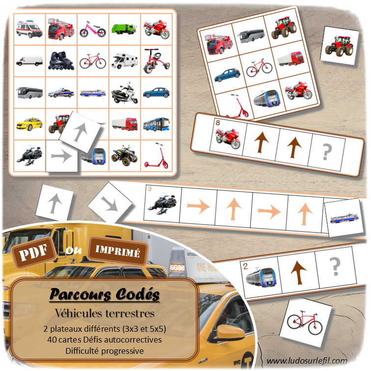 Suis les parcours codés - Véhicules terrestres : moyens de transport, modes de déplacement, 2 roues, 4 roues, transports en commun... - codage, repérage et vocabulaire spatial - jeu et atelier autonome et autocorrectif Maternelle (Cycle 1) et Primaire (Cycle 2) - Niveaux et difficulté progressifs - PDF à télécharger et à imprimer ou jeu imprimé - difficulté progressive et solutions - lslf