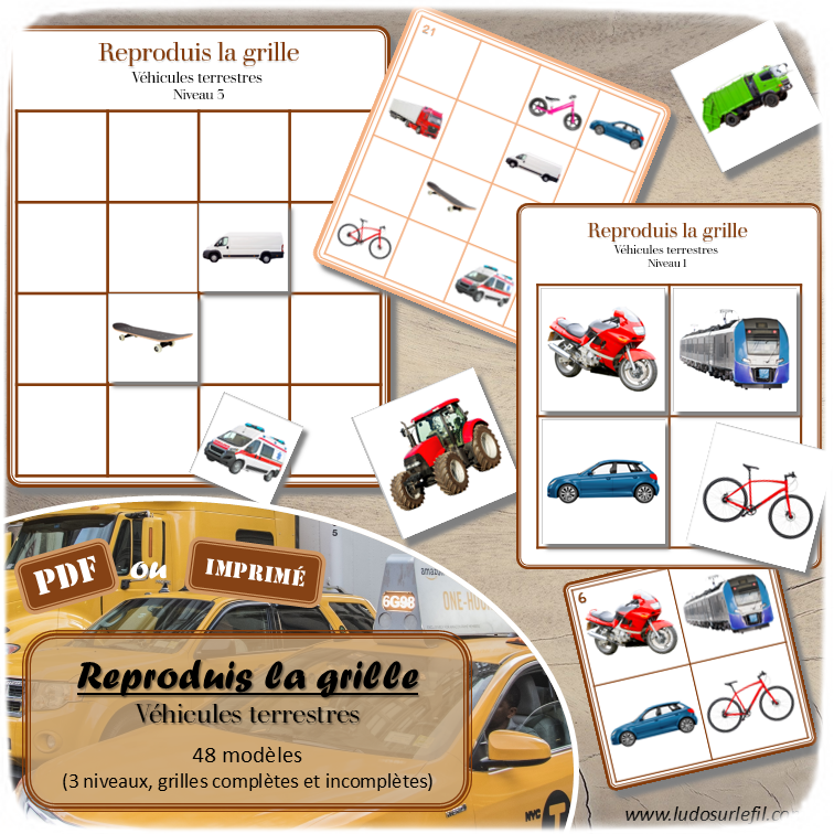 Reproduis la grille - Véhicules terrestres - 48 modèles à reproduire - Repérage dans l'espace et vocabulaire spatial - Variante pour travailler la mémoire - Variante à deux pour le langage oral - Dicte, décris la grille pour que l'autre jouer la reproduise - jeu et atelier autonome Maternelle (Cycle 1) et Primaire (Cycle 2) - PDF à télécharger et à imprimer ou jeu imprimé - difficulté progressive - repérage spatial - se repérer dans une grille, dans un tableau - Thème Véhicules, moyens de transport, modes de déplacement, 2 roues, 4 roues, transports en commun... - lslf