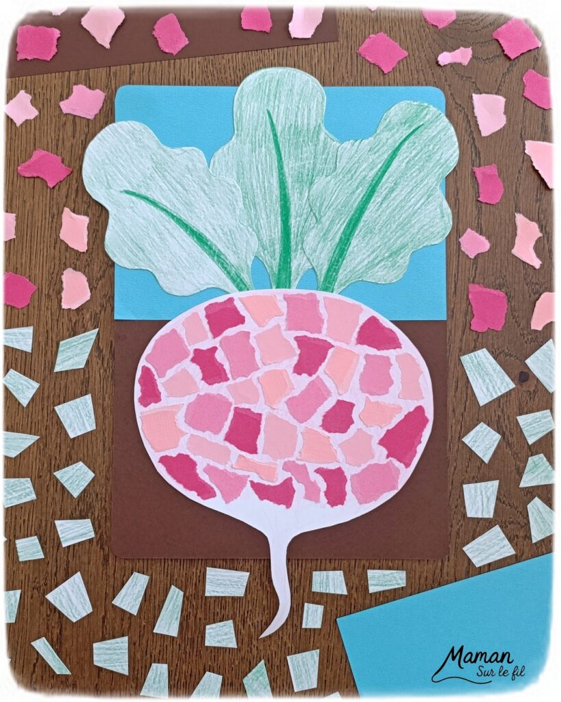 Créer un radis en mosaïque de papier déchiré : activité créative, coloriage et manuelle enfants - Déchirage, découpage et collage de papier - Coloriage au crayon de couleurs pour le fond du rais et pour les feuilles - Papier bleu et marron pour donner l'impression qu'il est planté dans la terre - Décoration DIY Fait maison - Bricolage facile et rapide - Thème fruits et légumes, potager, jardinage, nature, printemps - Bricolage et décoration sympa et facile - Arts visuels maternelle et élémentaire - Cycles 1 et 2 - Créativité - tutoriel photos - mslf