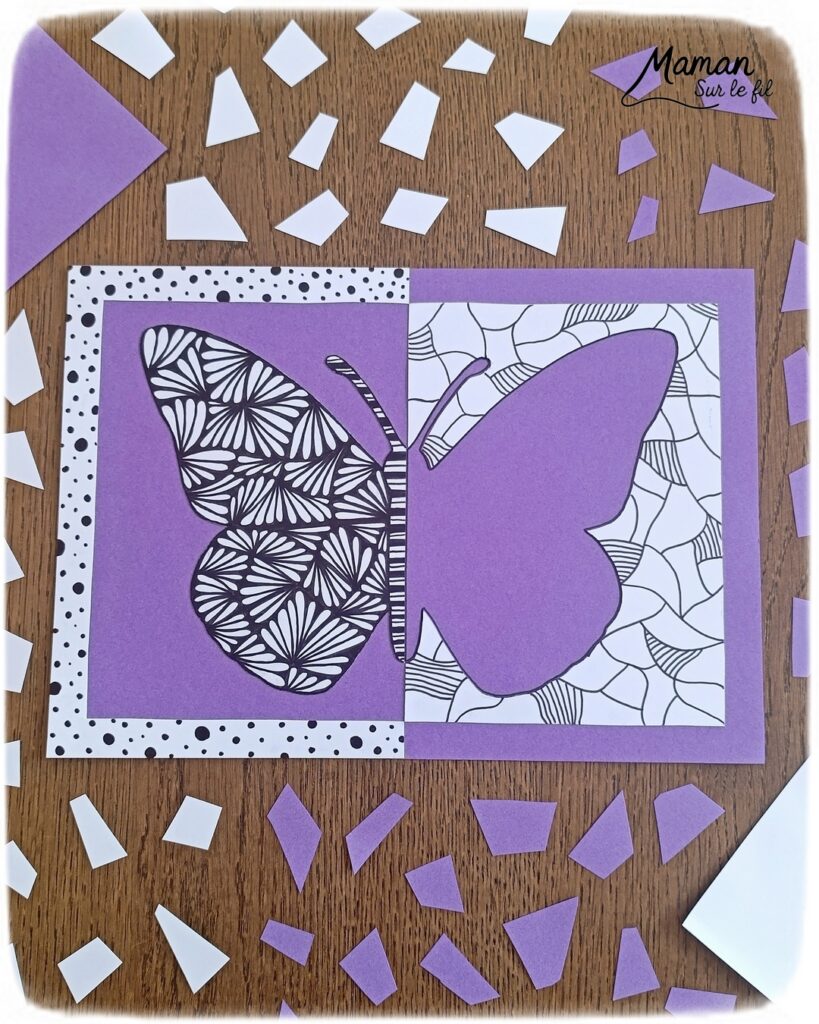 Créer un papillon graphique en miroir : activité créative, dessin et manuelle enfants - Travail autour de la symétrie - Découpage et collage de papier - Dessins et graphismes noirs pour le décor - Façon art thérapie, zen art - Relaxation, détente - Contraste entre couleurs et noir et blanc - Bricolage sympa et facile - Thème insectes et autres petites bêtes, nature, printemps - Bricolage et décoration sympa et facile - Arts visuels maternelle et élémentaire - Cycles 1 et 2, 3 et 4 - Adultes - Créativité - tutoriel photos - mslf