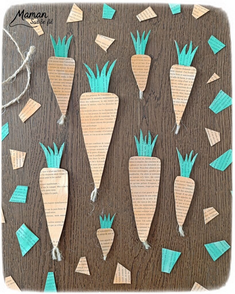Fabriquer des carottes avec les pages d'un vieux livre : activité créative, peinture, récup' et manuelle enfants - Recyclage, surcyclage d'un livre abîmé - Peinture orange et verte - Récup' de carton pour consolider - Découpage, collage - Cordelettes pour le bas de la carotte - Décoration DIY Fait maison - Bricolage facile et rapide - Thème fruits et légumes, potager, jardinage, nature, printemps - Bricolage et décoration sympa et facile - Arts visuels maternelle et élémentaire - Cycles 1 et 2 - Créativité - tutoriel photos - mslf