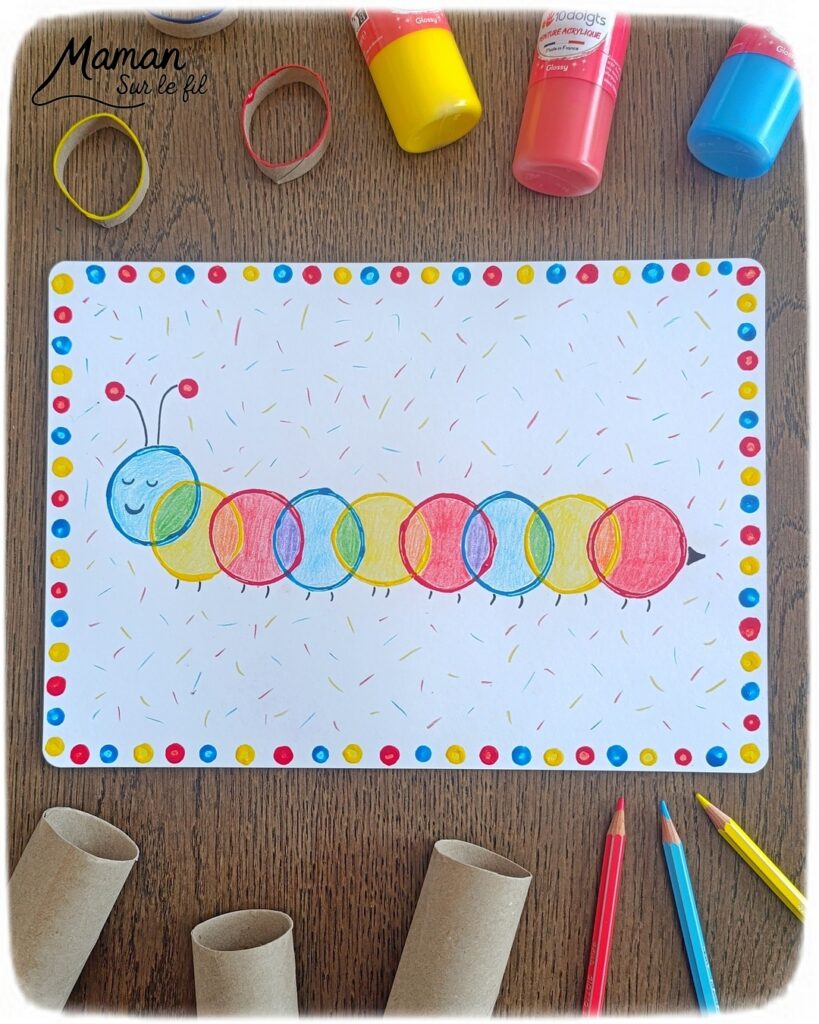 Peindre une petite chenille autour du mélange de couleurs : activité créative, peinture et manuelle enfants - Travail autour des couleurs primaires et secondaires et du mélange de couleurs primaires - Technique de peinture aux cotons-tiges et aux rouleaux de PQ en carton (papier toilette) - Ronds et cercles - Coloriage aux crayons de couleur - Bricolage sympa et facile - Thème insectes et autres petites bêtes, nature, printemps - Bricolage et décoration sympa et facile - Arts visuels maternelle et élémentaire - Cycles 1 et 2 - Créativité - tutoriel photos - mslf