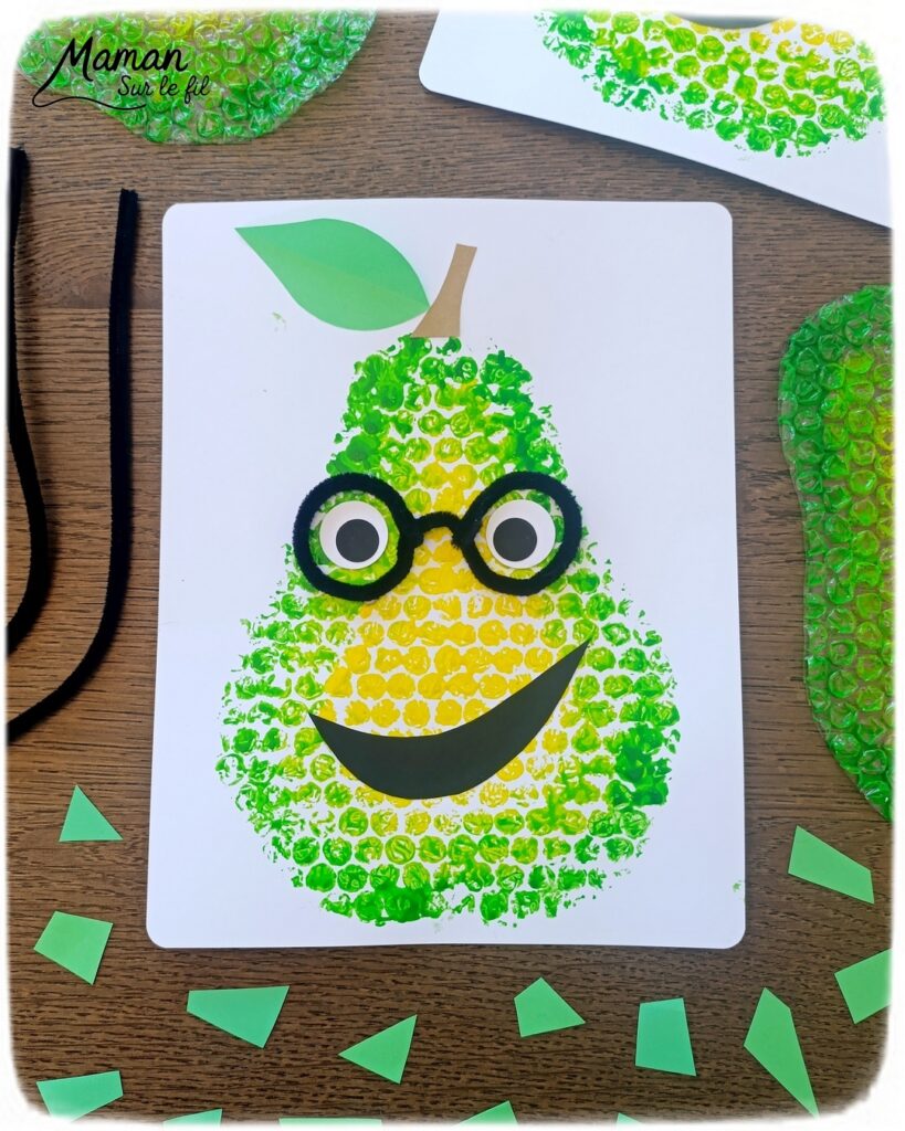 Peindre une poire rigolote avec du papier à bulles : activité créative, peinture et manuelle enfants - Technique de peinture ludique et dégradé de couleurs - Visage rigolo avec découpage et collage de papier - Lunettes en fil chenille - Bricolage - Fruits du printemps - Décoration DIY Fait maison - Bricolage facile et rapide - Thème fruits et légumes, potager, jardinage, nature, printemps, automne, hiver - Bricolage et décoration sympa et facile - Arts visuels maternelle et élémentaire - Cycles 1 et 2 - Créativité - tutoriel photos et vidéo - mslf