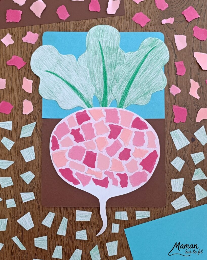 Créer un radis en mosaïque de papier déchiré : activité créative, coloriage et manuelle enfants - Déchirage, découpage et collage de papier - Coloriage au crayon de couleurs pour le fond du rais et pour les feuilles - Papier bleu et marron pour donner l'impression qu'il est planté dans la terre - Décoration DIY Fait maison - Bricolage facile et rapide - Thème fruits et légumes, potager, jardinage, nature, printemps - Bricolage et décoration sympa et facile - Arts visuels maternelle et élémentaire - Cycles 1 et 2 - Créativité - tutoriel photos - mslf