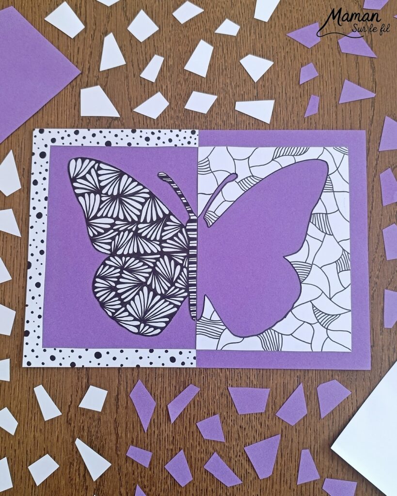 Créer un papillon graphique en miroir : activité créative, dessin et manuelle enfants - Travail autour de la symétrie - Découpage et collage de papier - Dessins et graphismes noirs pour le décor - Façon art thérapie, zen art - Relaxation, détente - Contraste entre couleurs et noir et blanc - Bricolage sympa et facile - Thème insectes et autres petites bêtes, nature, printemps - Bricolage et décoration sympa et facile - Arts visuels maternelle et élémentaire - Cycles 1 et 2, 3 et 4 - Adultes - Créativité - tutoriel photos - mslf