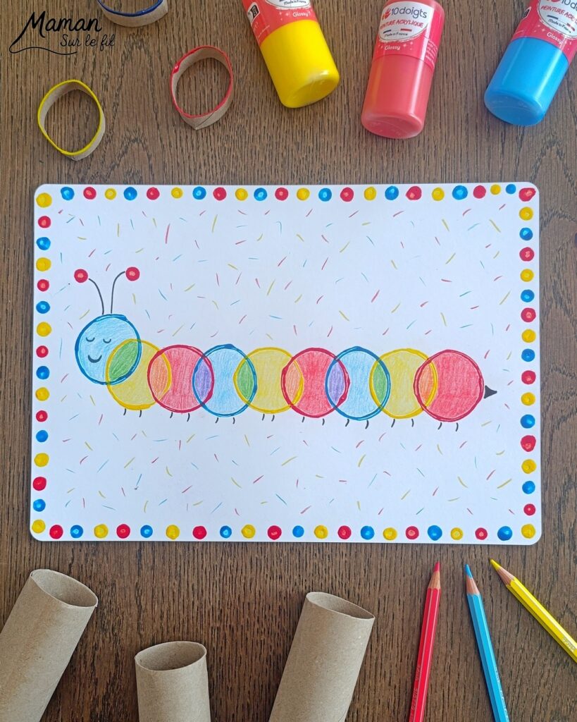 Peindre une petite chenille autour du mélange de couleurs : activité créative, peinture et manuelle enfants - Travail autour des couleurs primaires et secondaires et du mélange de couleurs primaires - Technique de peinture aux cotons-tiges et aux rouleaux de PQ en carton (papier toilette) - Ronds et cercles - Coloriage aux crayons de couleur - Bricolage sympa et facile - Thème insectes et autres petites bêtes, nature, printemps - Bricolage et décoration sympa et facile - Arts visuels maternelle et élémentaire - Cycles 1 et 2 - Créativité - tutoriel photos - mslf