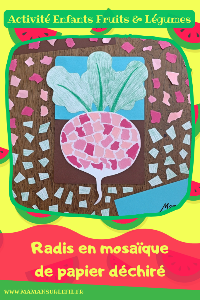 Créer un radis en mosaïque de papier déchiré : activité créative, coloriage et manuelle enfants - Déchirage, découpage et collage de papier - Coloriage au crayon de couleurs pour le fond du rais et pour les feuilles - Papier bleu et marron pour donner l'impression qu'il est planté dans la terre - Décoration DIY Fait maison - Bricolage facile et rapide - Thème fruits et légumes, potager, jardinage, nature, printemps - Bricolage et décoration sympa et facile - Arts visuels maternelle et élémentaire - Cycles 1 et 2 - Créativité - tutoriel photos - mslf