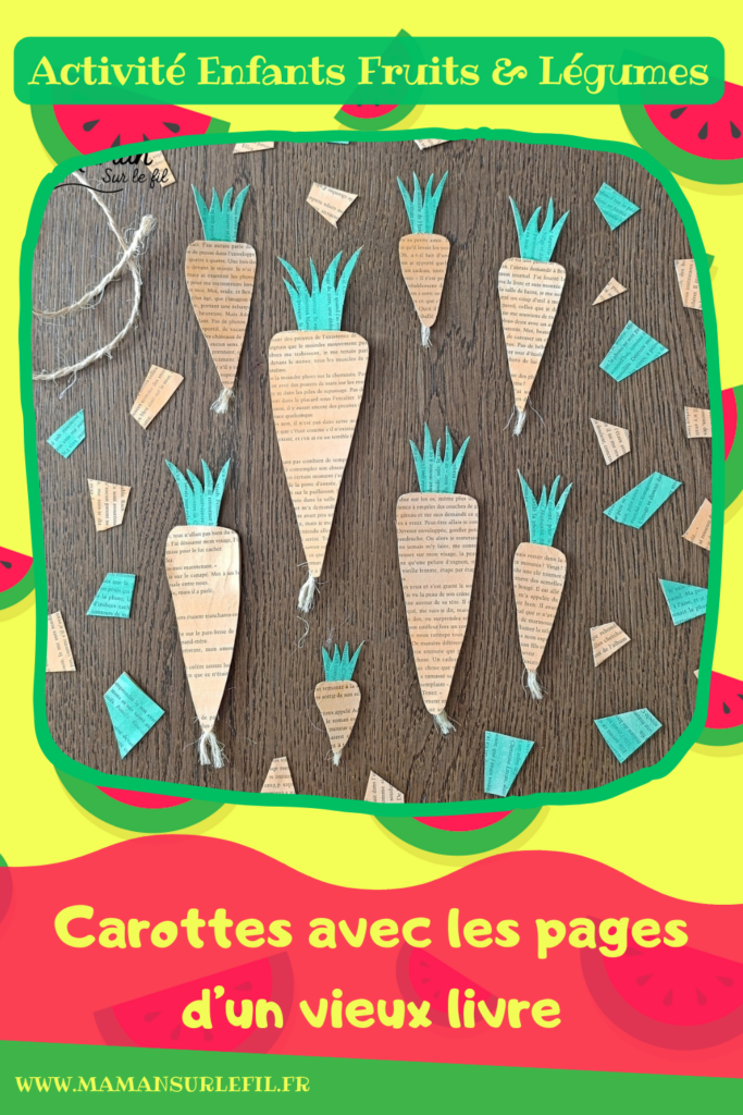 Fabriquer des carottes avec les pages d'un vieux livre : activité créative, peinture, récup' et manuelle enfants - Recyclage, surcyclage d'un livre abîmé - Peinture orange et verte - Récup' de carton pour consolider - Découpage, collage - Cordelettes pour le bas de la carotte - Décoration DIY Fait maison - Bricolage facile et rapide - Thème fruits et légumes, potager, jardinage, nature, printemps - Bricolage et décoration sympa et facile - Arts visuels maternelle et élémentaire - Cycles 1 et 2 - Créativité - tutoriel photos - mslf
