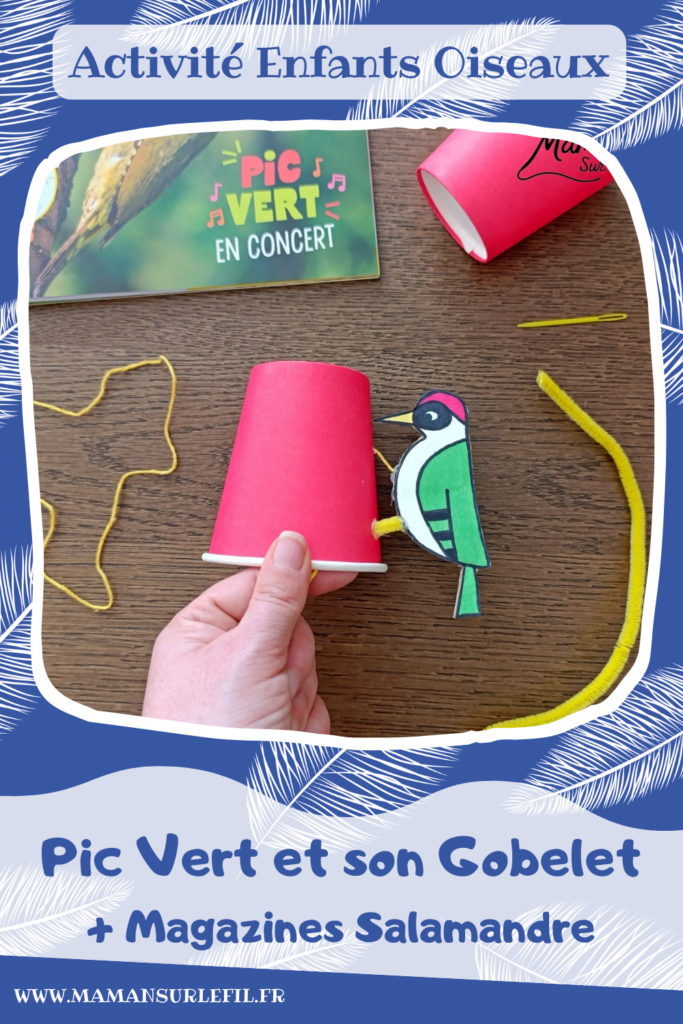 Fabriquer un pic vert accroché à son gobelet et présentation des nouveaux magazines Salamandre : activité créative, collage et manuelle et lecture enfants - Le pivert est dessiné grâce au tutoriel pas à pas de Salamandre - Collé sur du carton - Fil et gobelet pour le système du pivert qui tape le tronc d'arbre - Avis sur les nouveaux magazines Petite Salamandre sur les pics verts, Salamandre Junior sur les hamsters, et Revue Salamandre sur les loriots - Magazines parfaits pour 4 à 99 ans, enfants et adultes, amoureux de la nature et des animaux - Maternelle, Primaire et collège - 3 versions pour tout âge - Complet et qualitatif - Reportages, belles photos, BD, jeux, activités manuelles... - Bricolage et décoration DIY et facile - Bricolage Fait maison, décoration - Thème Animaux et nature, oiseaux, forêts - Bricolage sympa et facile - Code promo pour un numéro gratuit - Arts visuels Maternelle et cycle 2 - Maternelle et élémentaire - Créativité et lecture jeunesse - Cycle 1 ou 2 - tutoriel photos et vidéo - mslf